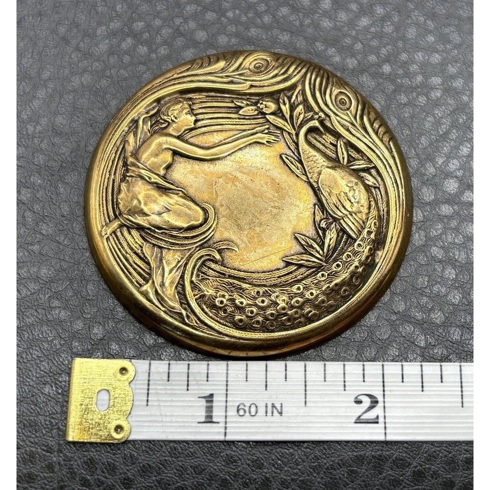 Vintage Art Nouveau Style Lady Peacock Brass Tone Brooch Pin - Picture 9 of 10